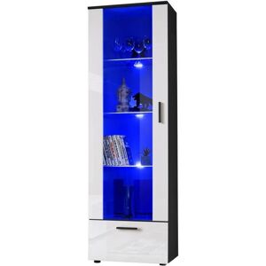 Vitrine Armoire Alessandria Komodee - Led Bleues - Blanc Brillant & Noir - Façades En Brillant - L60cm X H192cm X P42cm - Publicité