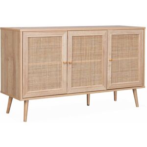 Buffet De Rangement En Cannage 120x39x70 Cm Bohème 2 Niveaux 3 Portes Pieds Scandinaves - Publicité