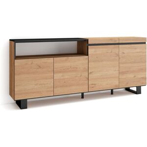 Skraut Home Buffet Salon Et Cuisine, Meuble De Rangement, Commode, 200x87x35cm, 4 Portes, Design Industriel, Style Moderne, Chêne Et Noir - Publicité