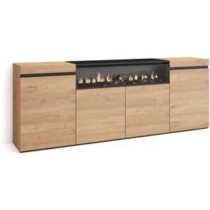 Skraut Home Buffet Salon Et Cuisine, Meuble De Rangement, Commode, 200x75x35cm, 4 Portes, Cheminée Électrique, Style Moderne, Chêne Et Noir - Publicité