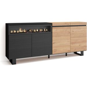 Skraut Home Buffet Salon Et Cuisine, Meuble De Rangement, Commode, 200x87x35cm, 4 Portes, Cheminée Électrique, Design Industriel, Style Moderne, Chêne Et Noir - Publicité