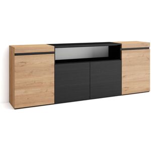 Skraut Home Buffet Salon Et Cuisine, Meuble De Rangement, Commode, 200x75x35cm, 4 Portes, Meuble Chaussure, Style Moderne, Chêne Et Noir - Publicité