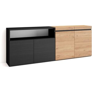 Skraut Home Buffet Salon Et Cuisine, Meuble De Rangement, Commode, 200x75x35cm, 4 Portes, Meuble Chaussure, Style Moderne, Chêne Et Noir - Publicité