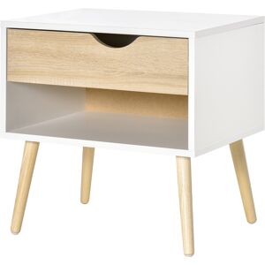 HOMCOM Chevet Table de Nuit tiroir Niche Design Moderne Panneau de Particules Classe E1 Pieds en Bois Massif 50 x 39 x 51 cm Bois de chêne Blanc