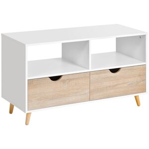 HOMCOM Meuble TV Bas sur Pieds Style scandinave 2 tiroirs Coloris chêne Clair Blanc