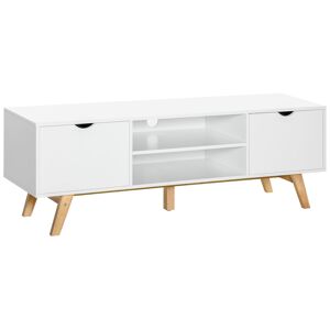 HOMCOM Meuble TV moderne  grand plateau 2 armoires à porte et 2 niches ouvertes  pied en bois hévéa  150 x 39 x 50 cm  blanc