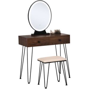 HOMCOM Coiffeuse Table de maquillage moderne Miroir LED réglable intégré Tabouret Inclus 2 tiroirs + 1 Organisateur Imitation Bois Noyer foncé