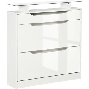 HOMCOM Armoire à chaussures avec 2 tiroirs rabattables + 1 tiroir coulissant + 1 comptoir et 1 plateau en verre étagère réglable sur 2 niveaux blanc