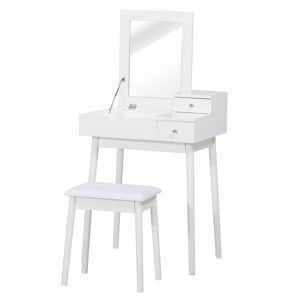 Homcom Coiffeuse, Table de Maquillage, avec Miroir Escamotable, 2 Tiroirs, Tabouret Rembourré, MDF, 60 x 50 x 86 cm, Blanc aosom france