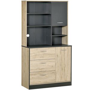 Homcom Buffet de Cuisine Armoire de Cuisine Multi-Rangements 2 Portes 3 Tiroirs 3 Etagères Grand Plateau 90 x 39 x 169 cm Bricolore Chêne Clair Noir