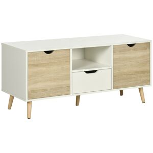 HOMCOM Meuble TV banc TV table de télévision jusqu'à 50 pouces 2 placards 1 niche 1 tiroir pieds en bois massif110 x 40 x 50 cm   Aosom France