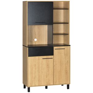 HOMCOM Armoire de cuisine multi-rangements avec tiroir 3 placards 4 niches et passe-câbles hauteur 180 cm noir et bois naturel   Aosom France