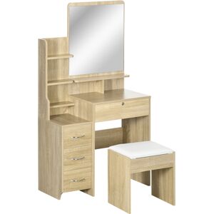 HOMCOM Ensemble de coiffeuse table de maquillage avec tabouret rembourré grand miroir + plusieurs étagères ouvertes + 4 tiroirs bois naturel