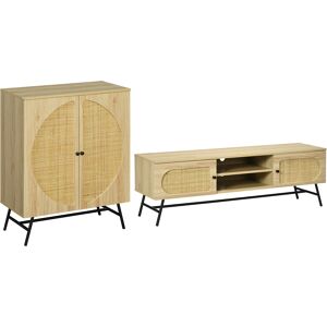 HOMCOM Lot de Meuble TV et Meuble de rangement - design aspect bois et cannage - 2 passe-câbles - pieds métal noir - naturel