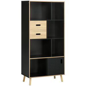 HOMCOM Bibliothèque meuble de rangement 2 tiroirs 7 compartiments porte coulissante 80 x 40 x 165 cm noir et naturel