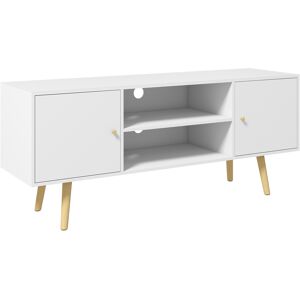 HOMCOM Meuble TV style scandinave 2 portes 2 niches passe-fils piètement bois pin panneaux blanc - 120 x 34 x 50 cm blanc