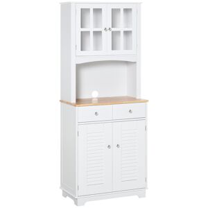 HOMCOM Armoire de cuisine 2 placards 2 portes persiennes et acryliques 2 tiroirs grande niche bois caoutchouc MDF blanc