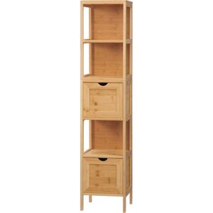 kleankin Meuble de rangement colonne pour salle de bain en bambou 2 tiroirs amovibles et 3 étagères 30 x 30 x 140 cm naturel