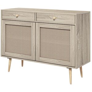 HOMCOM Meuble de rangement buffet aspect bois et cannage design 2 portes avec étagères et 2 tiroirs 100 x 35 x 78,5 cm naturel