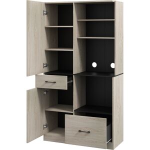 HOMCOM Armoire meuble de cuisine avec 2 tiroirs 2 placards 4 niches étagères réglables et passe-câbles H170 cm noir naturel