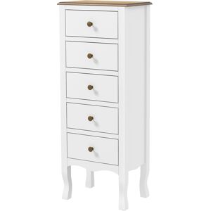 HOMCOM Chiffonnier 5 tiroirs, Meuble de rangement compact blanc avec poignée bouton effet laiton