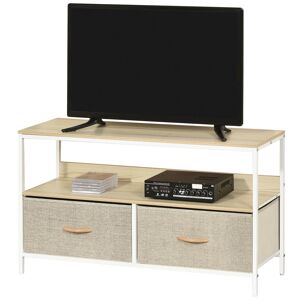 HOMCOM Meuble TV Bas sur Pieds Style Industriel 2 tiroirs en Tissu Gris Bois Naturel et métal Blanc