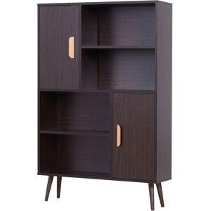 HOMCOM Bibliothèque scandinave 4 niches + 2 placards avec étagère Pieds effilés inclinés Bois Massif Panneaux Particules wengé