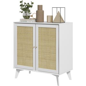 HOMCOM Buffet haut meuble de rangement design bohème double portes avec 2 niveaux, façade en rotin 80 x 40 x 85 cm blanc