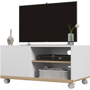 HOMCOM Meuble TV sur roulettes avec 2 Freins - 2 niches + Placard Porte 2 Passe-Fil - Panneaux Particules Blanc chêne Clair