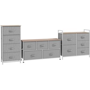 HOMCOM Lot de 3 commodes en tissu meuble de rangement chiffonnier 14 tiroirs non-tissés gris structure acier blanc plateau