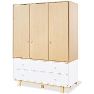 PINOLINO Armoire 'Boks' Grande à 3 Portes; Mat Noble : MDF uni, laqué Blanc et décor, érable, L 141 x P 57 x H 190, 3 Portes, 2 tiroirs, Self-Soft-Close, Armoire pour la Chambre de bébé - Publicité