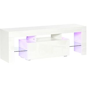 HOMCOM Meuble TV LED Style Contemporain Grand tiroir, Niche, 2 étagères Verre Panneaux Particules MDF Blanc laqué - Publicité