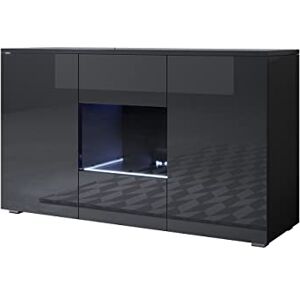 MB Muebles Bonitos Buffet Bahut Meuble Salon Salle à Manger   Largeur 120 x Hauteur 72 x Profondeur 40 cm   Meuble Mélamine Brilliant avec LED   avec Pieds 2cm   Couleur Noir   Modèle Luke A2 - Publicité