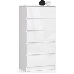 AKORD Commode K60 avec 5 tiroirs   Commode Classique pour La Chambre, Salon   Meuble de Rangement   L60 x H121 x P40 cm   Poids 39 kg   Blanc/Blanc Brillant - Publicité