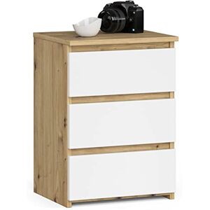 AKORD Table de Chevet CL-3 avec 3 tiroirs   pour Le Salon, la Chambre à Coucher, l'armoire, Le Bureau, Le Bureau   Design Moderne et Fonctionnel   40 x 57 x 35 cm, Poids 26 kg   Chêne Artisan   Blanc - Publicité