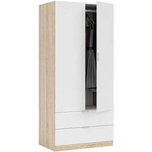 Habitdesign Armoire avec 2 portes et 2 tiroirs, Finition en Artik White et Canadian Oak, Mesures : 81 cm (L) x 180 cm (H) x 52 cm (P) - Publicité