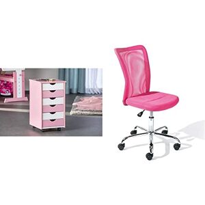 Inter Link Caisson de Bureau à roulettes pin Massif Vernis Rose et Blanc & Chaise de Bureau Enfant piètement métal revêtement Tissu Mesh Rose, 43 x 56 x 88-98 cm - Publicité