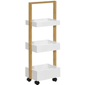 HOMCOM Chariot de Rangement à 3 Niveaux desserte étagère de Rangement à roulettes pour Salle de Bain Cuisine 28 x 18 x 75 cm en Bambou et Bois Blanc - Publicité