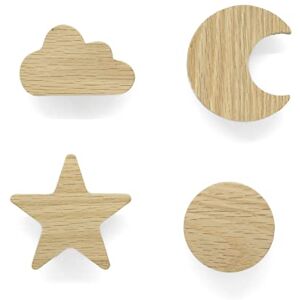 PLT Lot de 4 poignées de meuble pour chambre d'enfant en chêne non traité au soleil, étoile motif bouton, commode pour placard, tiroir, chambre d'enfant, idée cadeau (4, nuage, soleil, étoile, lune) - Publicité