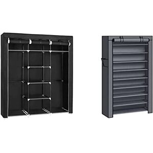 SONGMICS Étagère à Chaussures en Tissu Non-tissé à 10 Niveaux, Porte-Chaussures, Organisateur, pour 40 Paires, 88 x 28 x 160 cm, Gris RXJ36G & Armoire de Rangement Penderie Noir 175 x 150 x 45 cm - Publicité