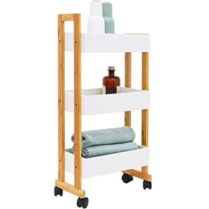 DuneDesign Étagère Roulette en Bambou 38x20x80 Desserte à Roulette Meuble Salle de Bain en Bois Pétite Ètagère Salle de Bain Meuble WC Pétit Chariot Rangement Cuisine Roulette Desserte Roulante - Publicité