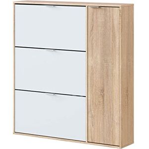 Habitdesign Meuble à Chaussures 4 Portes, modèle Class, Finition en chêne Canadien et Blanc artik, Dimensions : 106 cm (Longueur) x 115 cm (Hauteur) x 22 cm (Profondeur), Normal - Publicité