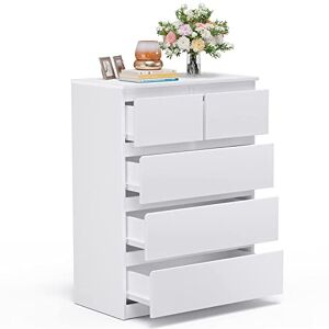 COSTWAY Commode Chambre 5 Tiroirs,Commode Chambre Adulte Profondeur 42cm, Montage Facile, Meuble Chambre Adulte, Commode Bois, 75 x 42 x 104 cm(Blanc) - Publicité