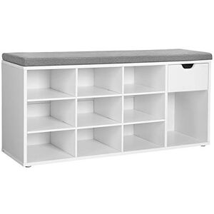 VASAGLE Banc à Chaussures, Banc de Rangement, avec Tiroir et Compartiments, Étagère à Chaussures, Siège Rembourré, Couloir, Entrée, Chambre, 30 x 104 x 48 cm, Blanc et Gris LHS24WT - Publicité