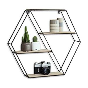 LIFA LIVING Étagère Murale Bois et Metal Noir, Bibliothèque de Cuisine Vintage, Etagere Flottante Moderne, Design Vintage Industriel, 3 Niveaux, 58x51x11cm - Publicité