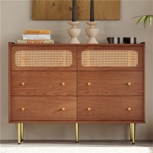 Ntxplora Commode De Style Vintage Buffet 6 Tiroirs en Rotin Noyer Convient Aux Chambres Et Aux Salons Meuble De Rangement H90/b120/t40 Cm - Publicité