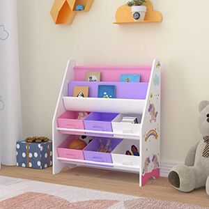 [en.casa] Étagère pour Enfant à 6 Bacs Amovibles 2 Compartiments Meuble de Rangement Jouets à Motif Licornes Panneau de Particules Textile Non Tissé Métal 74 x 62 x 27 cm Blanc Violet Rose - Publicité