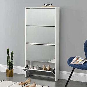 [en.casa] Étagère à Chaussures Design Meuble de Rangement 4 Compartiments Stockage pour 12 Paires Façade Miroir Panneaux de Particules Mélaminés 134 x 63 x 17 cm Blanc - Publicité