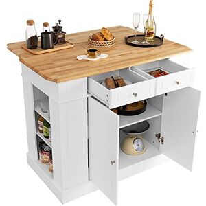 COSTWAY Ilot Central Cuisine Plateau en Bois d'Hévéa Pliable, Étagères Réglables à 3 Niveaux, Desserte de Cuisine avec Tiroirs, Supports Latéraux et 2 Portes, 61 x 120 x 92 cm, Blanc - Publicité