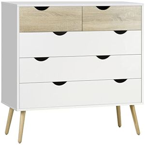 HOMCOM Commode 5 tiroirs Design scandinave Meuble de Rangement Chambre Panneau de Particules 99 x 39 x 101 cm Blanc Aspect chêne Clair - Publicité